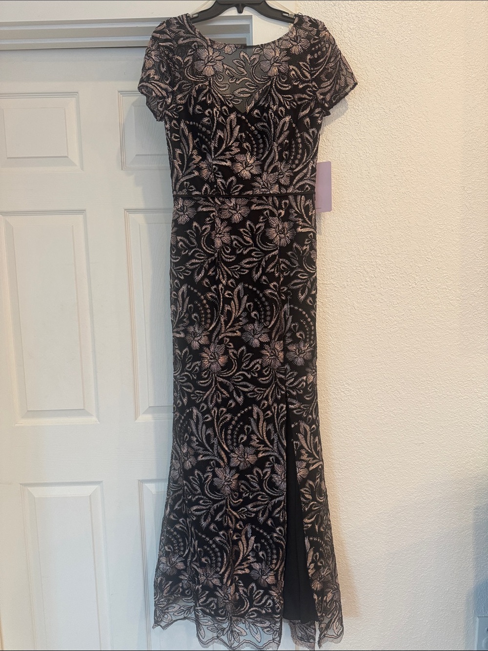 JS Collections Black and Silver Floral Lace Maxi Dress